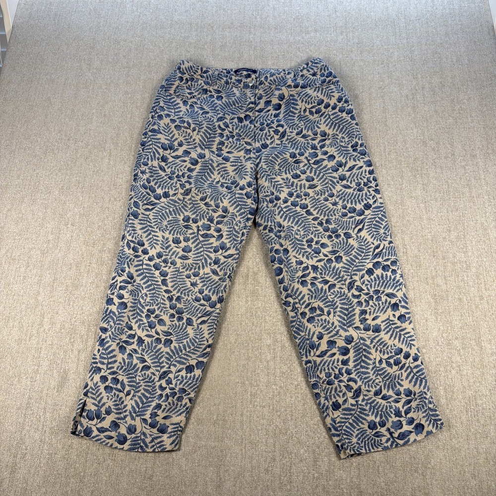 Charter Club Luxury 100% Linen Cropped Pants Women 8 Floral Blue & Beige Pockets